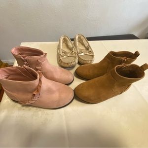 2 pair of Booties and 1 pair of moccasin slippers size 10